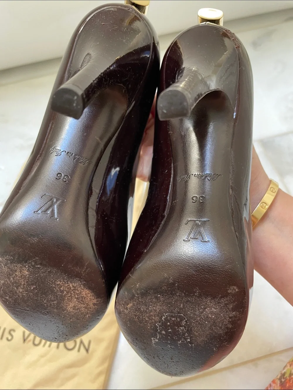 Louis Vuitton Brown Patent Peep-Toe Stiletto Heels with Gold Hardware